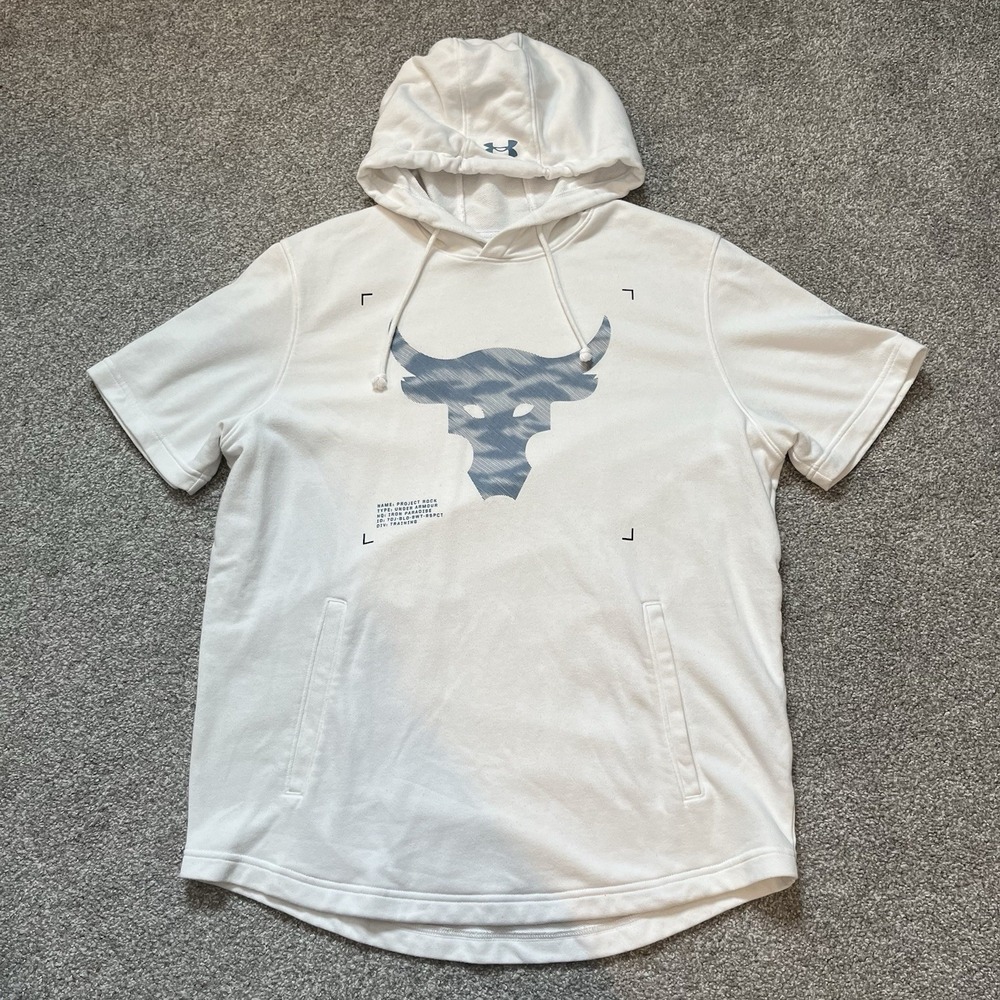 Under Armour Project Rock Men's L S/S Hoodie Terry White Gym Workout Grunge